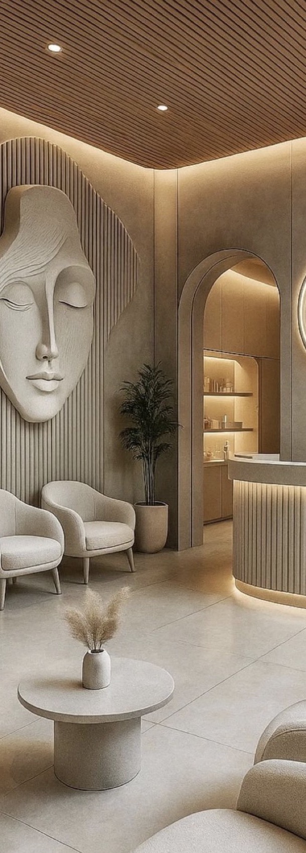 The front room: sculpted faces on a fluted wall, boucle chairs, a low stone table.