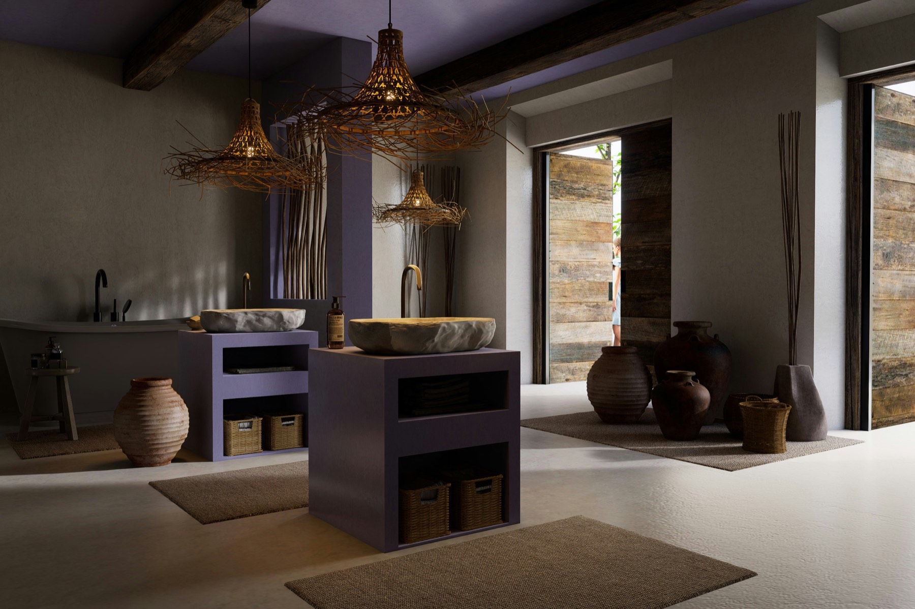 The recovery suite: stone basins, woven pendants, a soaking tub.