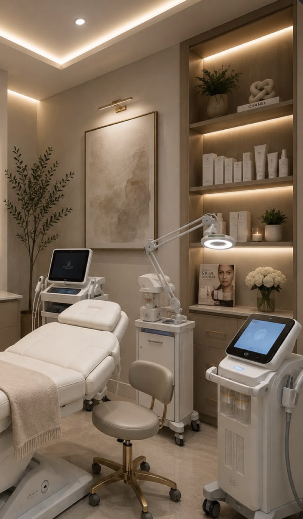 A treatment room with a reclined bed, a magnifying lamp and a shelf of skincare.